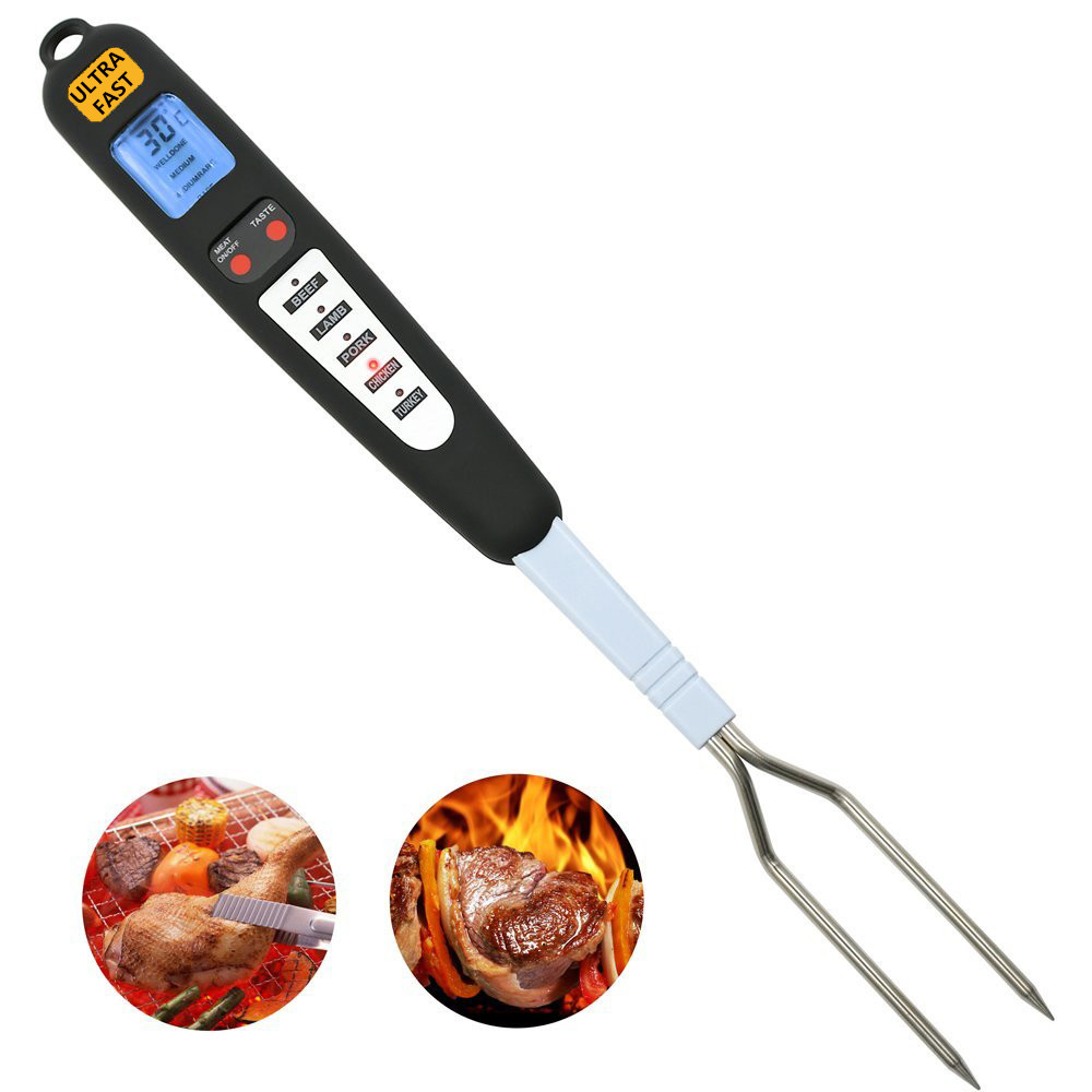Digital LCD instant read BBQ meat cooking thermometer with probe fork